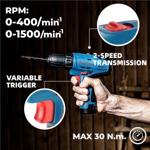 DongCheng 12V Max Akku-Bohrschrauber 30N.m,16+1,10m'm Schnellspannbohrfutter Bohrschrauber-Set (0-500/0-1500)mit 17-teiligem