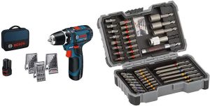 Bosch Professional Akkuschrauber GSR 12V-15 (2x 2,0 Ah Akku, 12 Volt, Schrauben-Ø max: 7 mm, in Tasche) + Bosch Professional 43tlg. Schrauber Bit Set