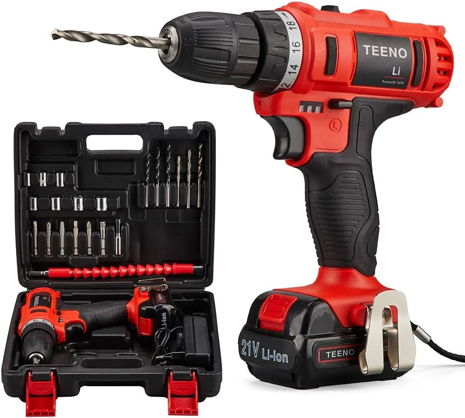 TEENO Akku-Bohrschrauber 21 V, 2 Geschwindigkeiten Akku-Bohrmaschine