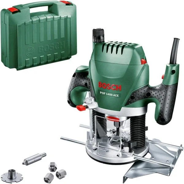 Bosch Oberfräse POF 1400 ACE (1400 W; für Holzbearbeitung; 3x Spannzange; Fräser; Parallelanschlag)
