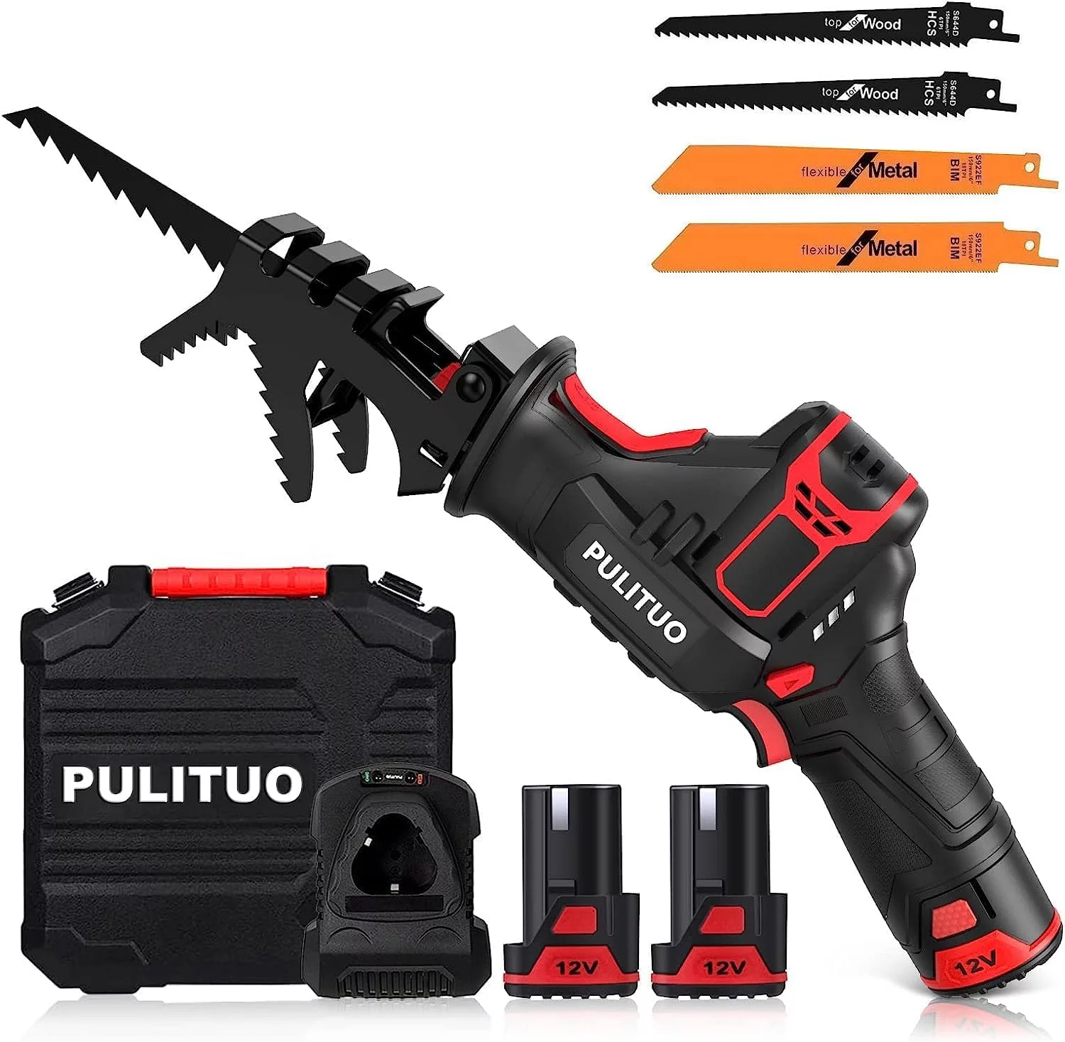 PULITUO 12V Akku Säbelsäge mit 2x2.0Ah Batterien 4xSäbelsägeblatt