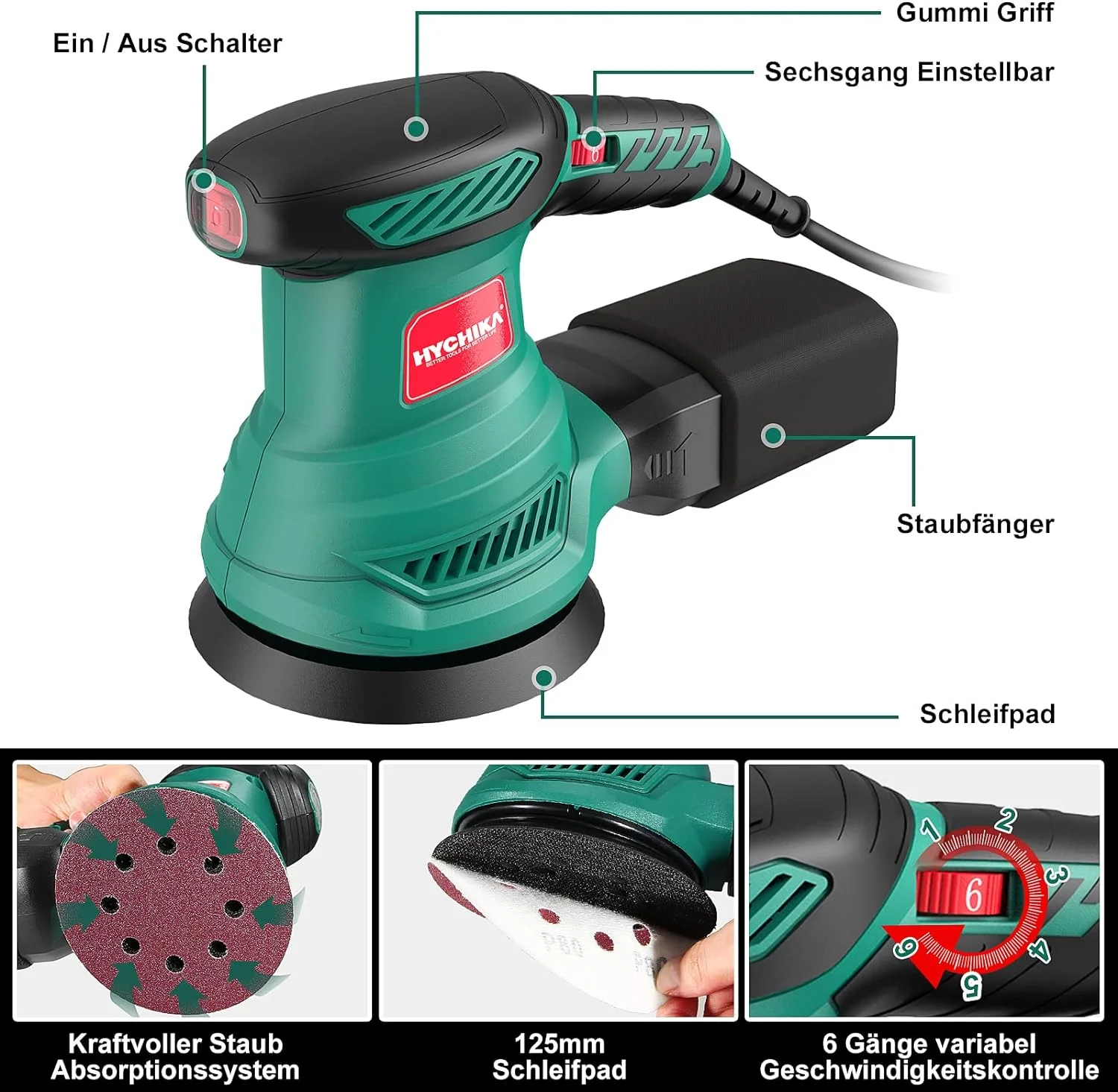 Exzenterschleifer, HYCHIKA 300W Schleifmaschine, 6 Gänge