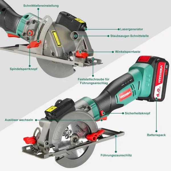Handkreissäge 18V, HYCHIKA Kreissäge mit 4,0Ah Akku 3500U mit 3 Sägeblättern