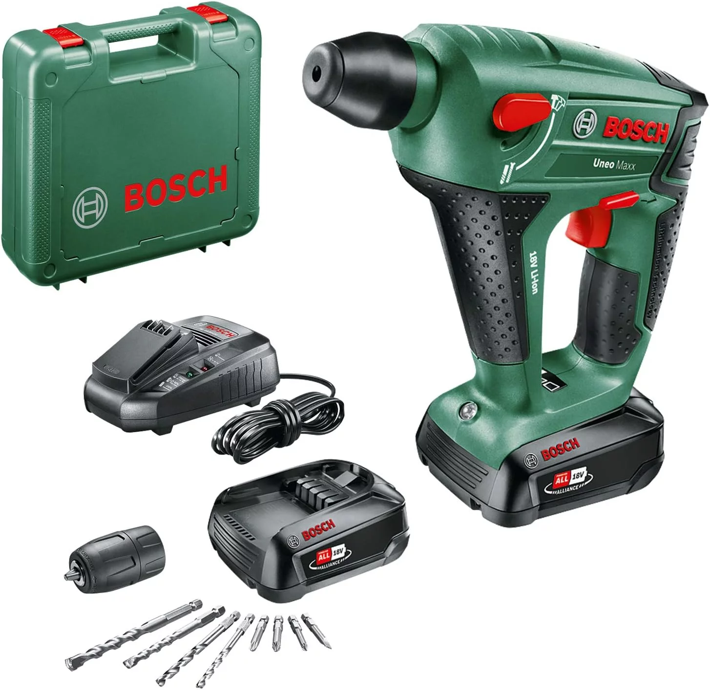 Bosch Akku Bohrhammer UneoMaxx (2 Akku, 18 Volt System, max. Bohrdurchmesser in Beton 10 mm, im Koffer)