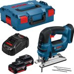 Bosch Professional 06015A6103 GST 18 V-LI B Akku-Stichsäge, 2 x 5, 0 Ah Akku, Schnellladegerät, 3x Stichsägeblatt, L-Boxx (18V, Schnitttiefe Holz: 120mm; ALU: 20mm; Metall: 8mm), 0 W, 18 V, 42922 Schwarz, Rot, Silber, Türkis