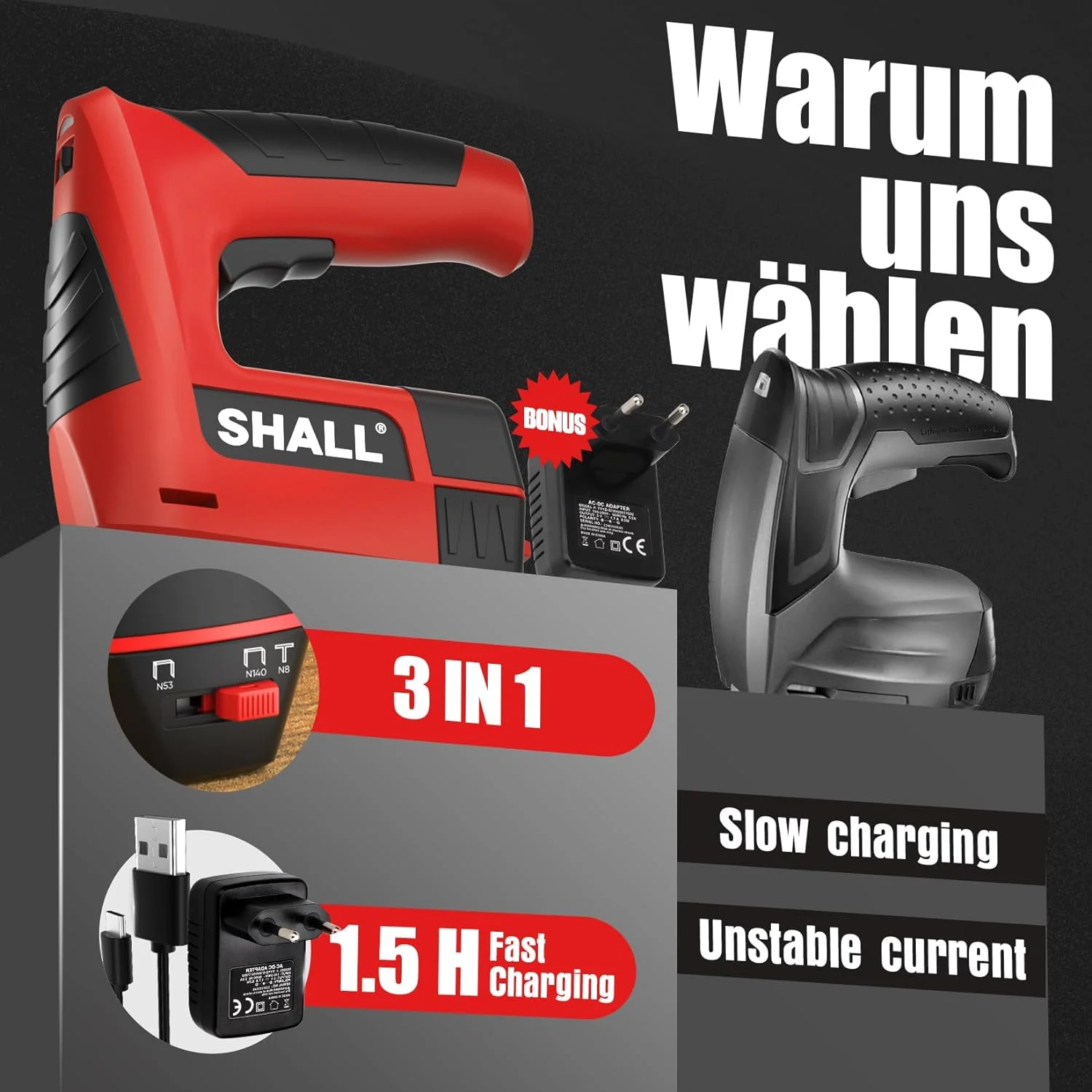 SHALL 3-in-1-Elektrotacker, kabelloser Polstertacker mit 2500 Heftklammern