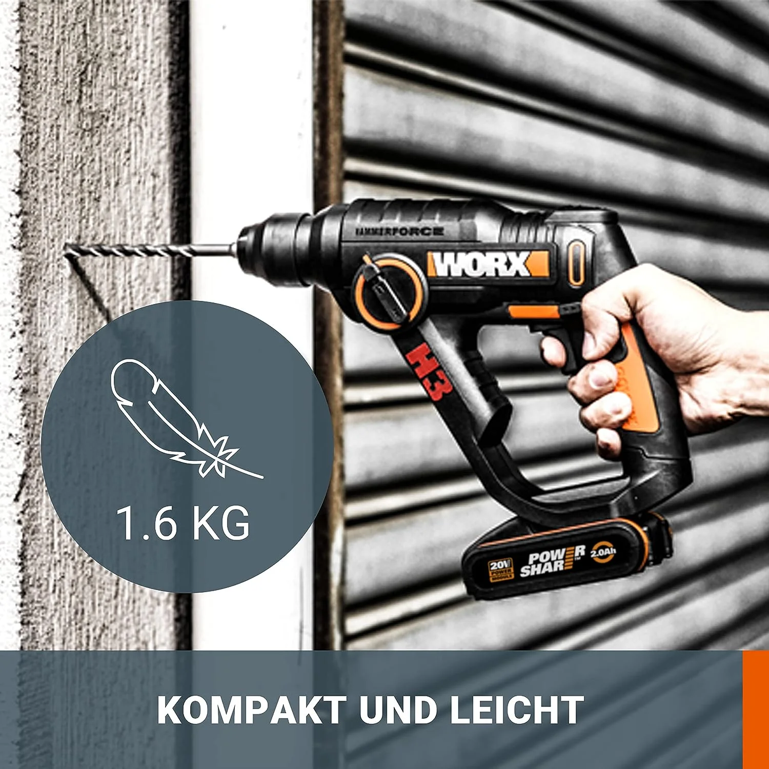 WORX WX390 Bohrhammer SDS-plus - 20V Bohrmaschine mit pneumatischem Hammerwerk zum Schrauben