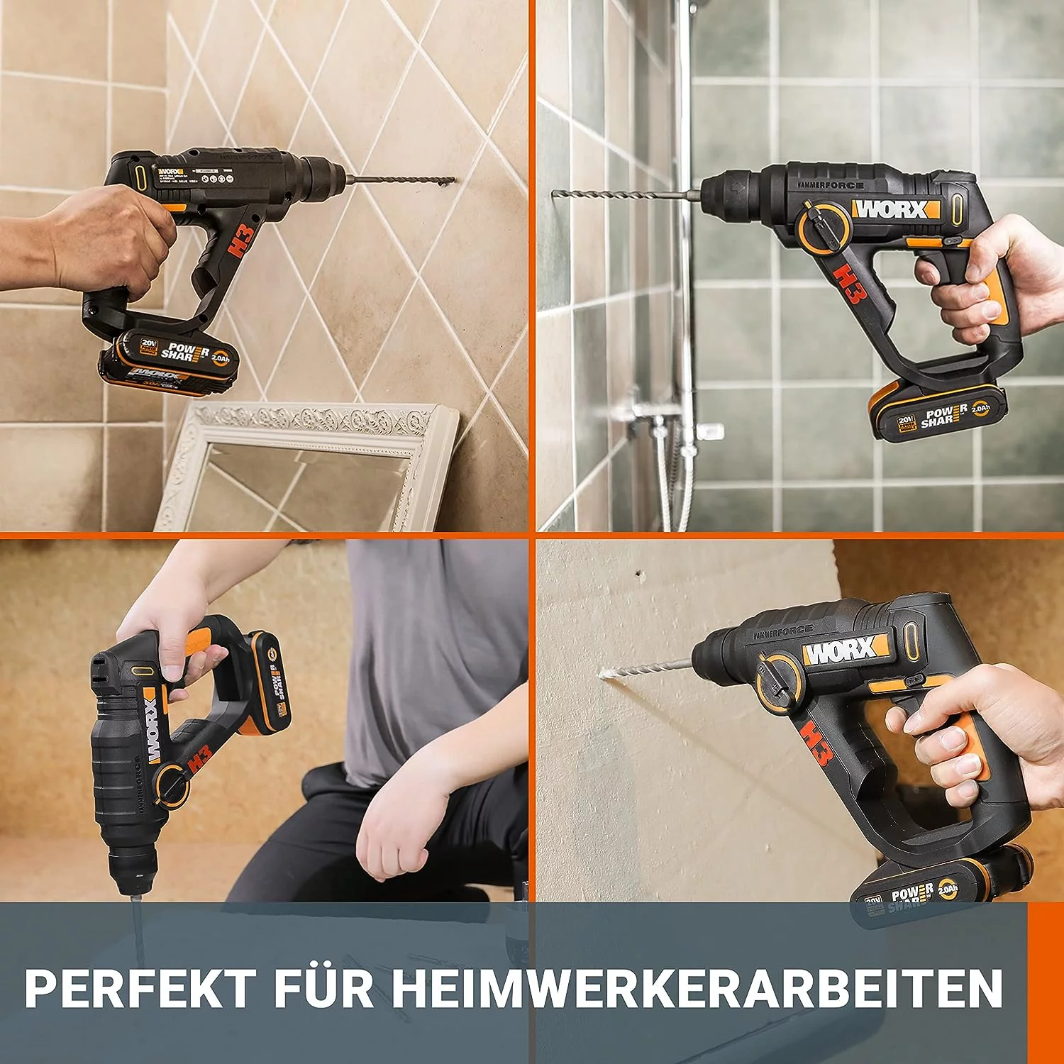 WORX WX390 Bohrhammer SDS-plus - 20V Bohrmaschine mit pneumatischem Hammerwerk zum Schrauben