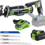 WORKPRO Akku Säbelsäge Kabellose Reciprosäge 20V 4,0 Ah Universalsäge mit 4 Sägeblätter für Holz&Metall (25mm Hublänge,100mm Schnitttiefe,werkzeugloser Blattwechsel) inkl. Akku und Schnellladegerät