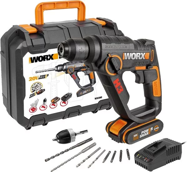 WORX WX390 Bohrhammer SDS-plus - 20V Bohrmaschine mit pneumatischem Hammerwerk zum Schrauben