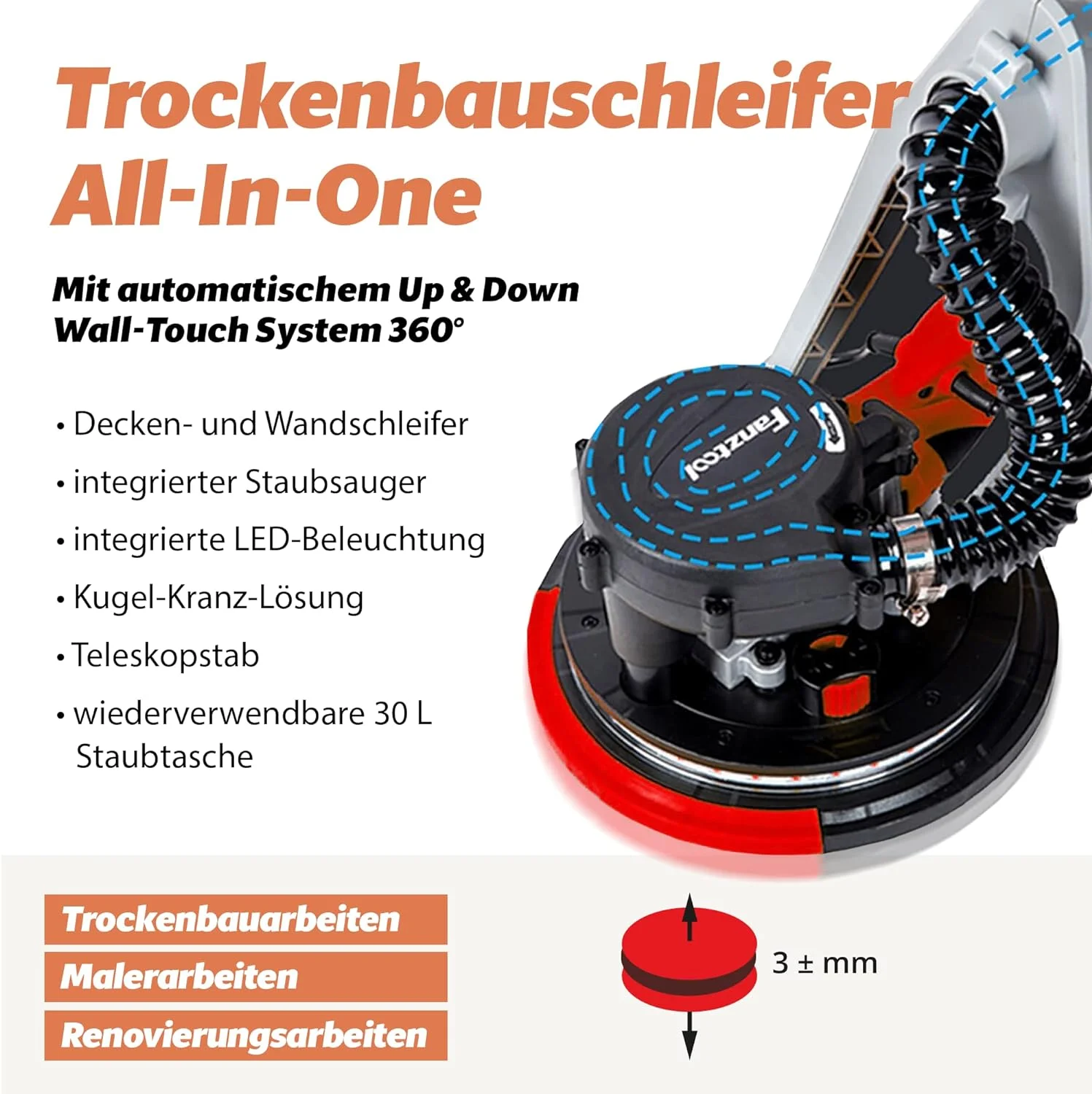 FANZTOOL 800 Watt Trockenbauschleifer mit Absaugung