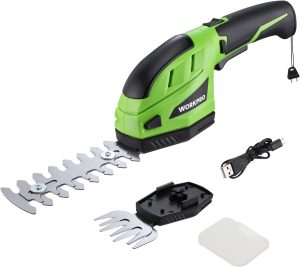 WORKPRO Akku Gras- und Strauchschere, kabellose handliche Grasscheren 3,6V, 2000mAh, 2 Verschiedene Messer, Schnittbreite 8cm, Schnittlänge 12cm, mit Akku und Ladekabel