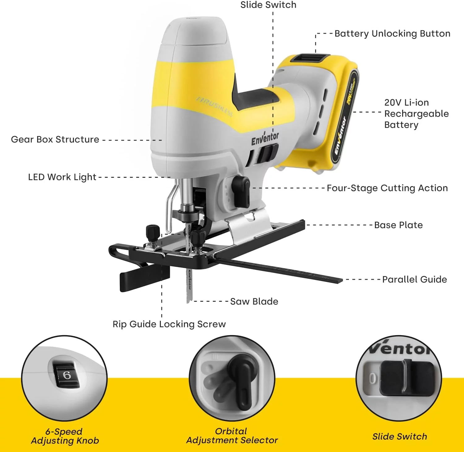 Akku Stichsäge 20V, ENVENTOR Bürstenlos Stichsäge mit 2.0Ah Akku