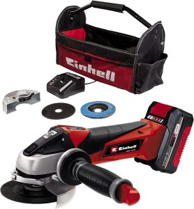 Einhell Akku-Winkelschleifer TE-AG 18/115 Li Kit Power X-Change (18 V, 115 mm Scheibendurchmesser, 28 mm Schnitttiefe, inkl. Trennscheibe, Schleifscheibe, 4,0 Ah Akku, Ladegerät), Rot/Schwarz