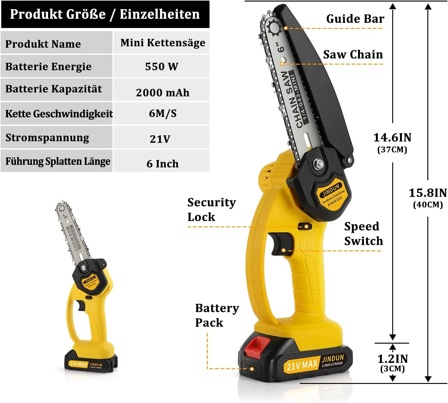 Mini Kettensäge mit Akku, JINDUN Akku Kettensäge