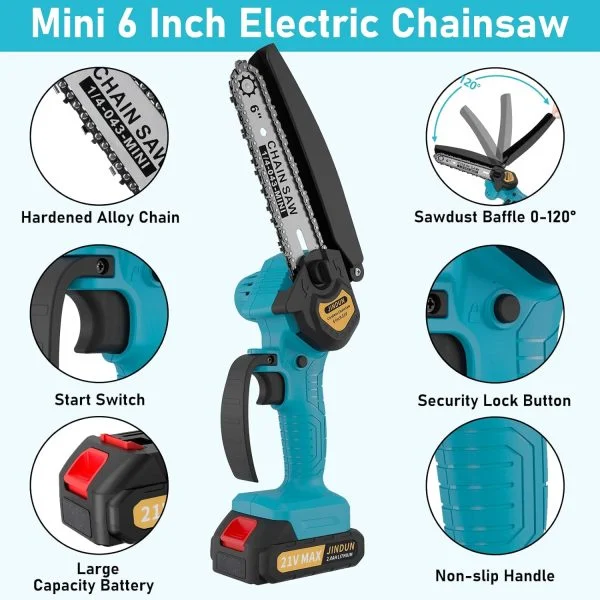 JINDUN Mini Kettensäge, 21V 6 Zoll Akku Kettensäge, 2 Akku