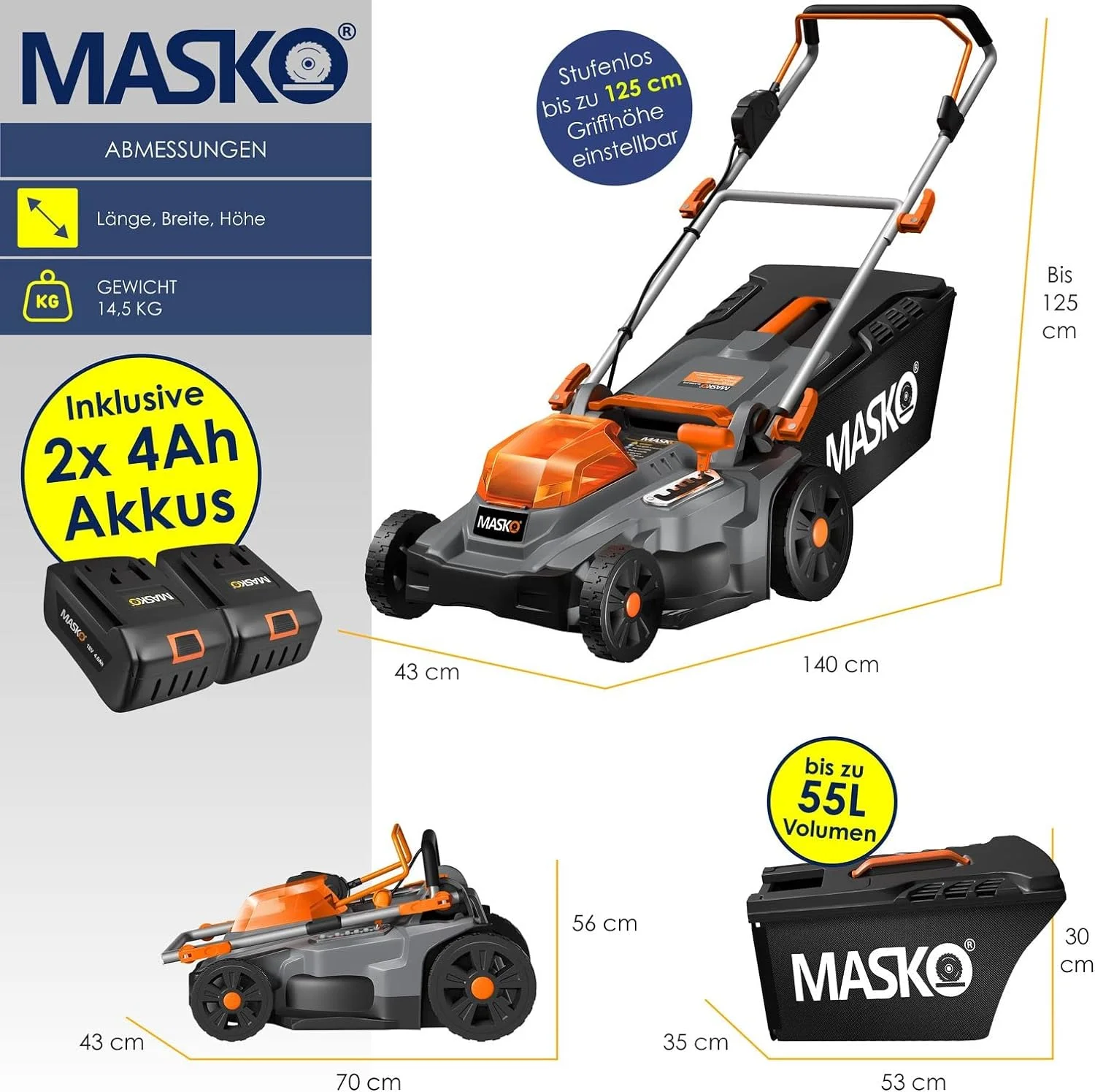 MASKO Rasenmäher mit Mulchfunktion inkl. 2X Akkus Li-Ion