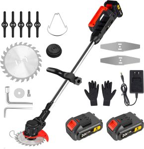CONENTOOL 600W Akku Rasentrimmer mit 2X 2000mAh Akku, 24 V Rasenkantenschneider mit 3 Arten von Schneidklingen, 8500rpm/min Freischneider