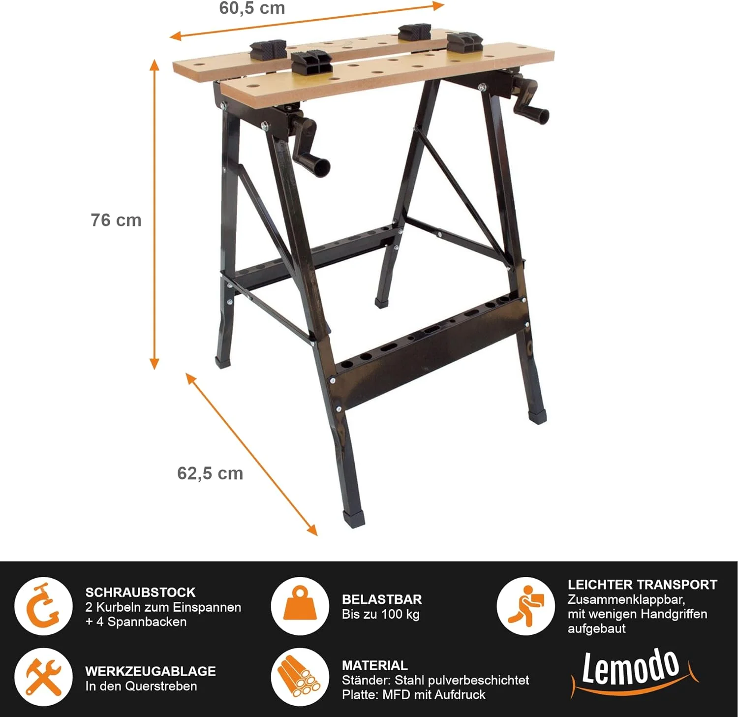 LEMODO Werkbank klappbar als Schraubstock mit Spannbacken