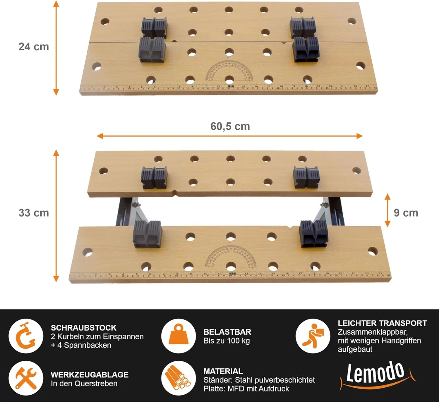 LEMODO Werkbank klappbar als Schraubstock mit Spannbacken