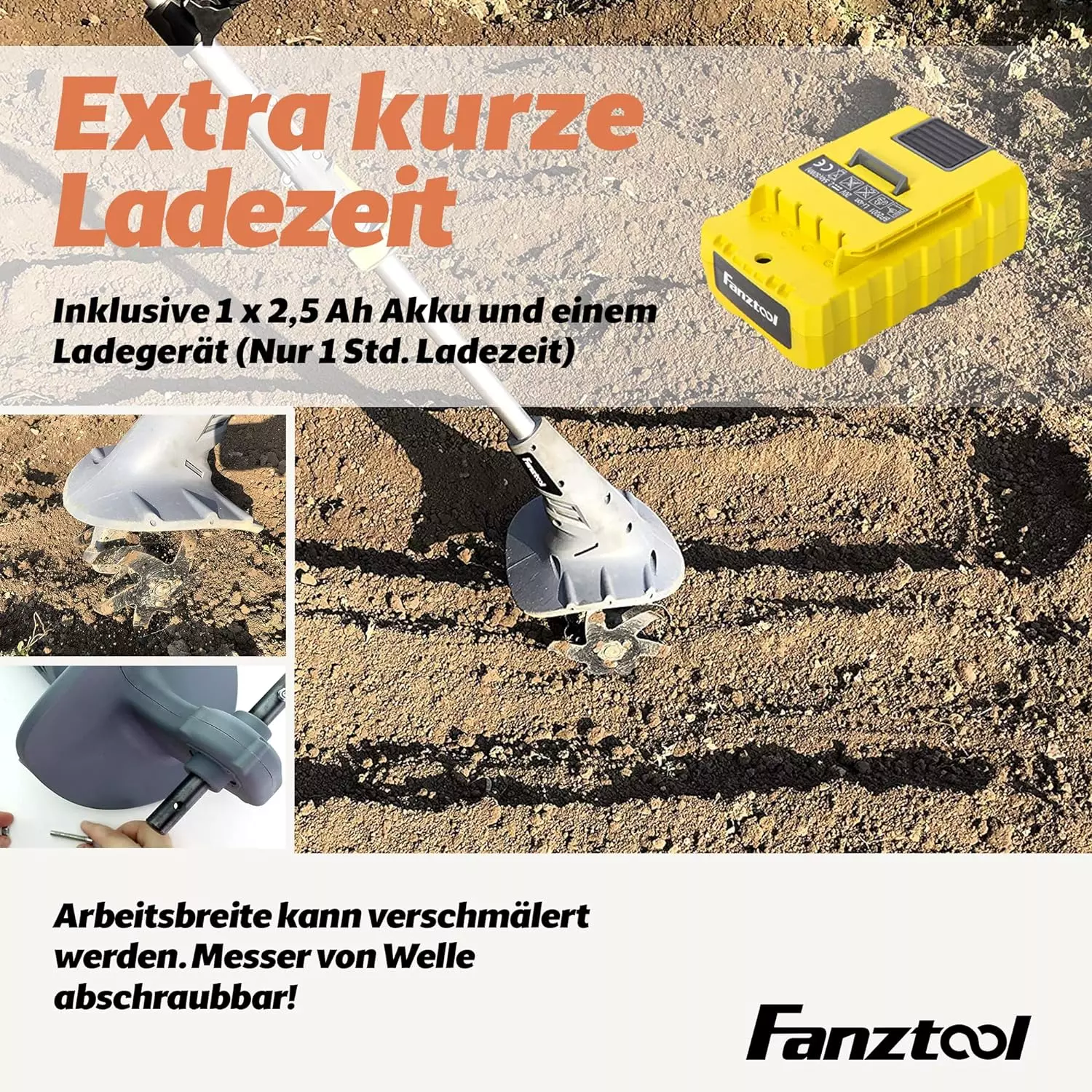 FANZTOOL 20V Motorhacke 2,5Ah Li-Ion-Akku
