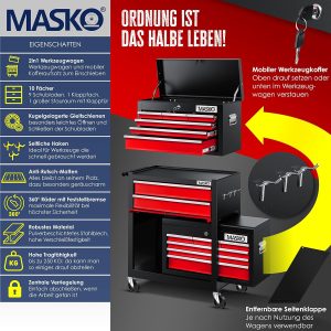 MASKO® Werkstattwagen inkl. Koffer - 9 Fächer Rot
