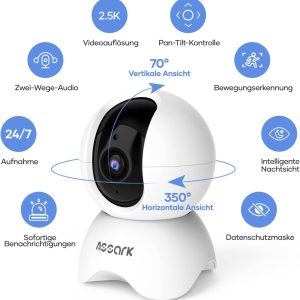 Assark 2.5K Überwachungskamera Innen 360 Grad Pan/Tilt 2.4G