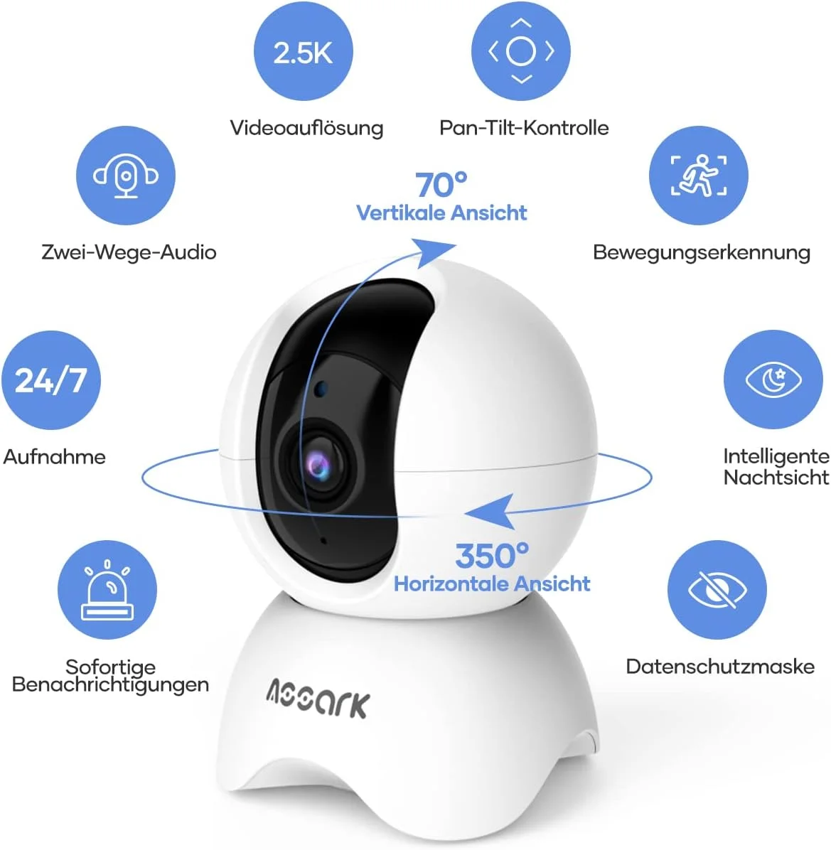 Assark 2.5K Überwachungskamera Innen 360 Grad Pan/Tilt 2.4G