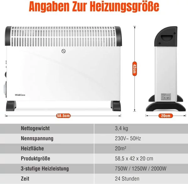 Konvektor Heizung Elektrisch mit 24 Stunden Timer