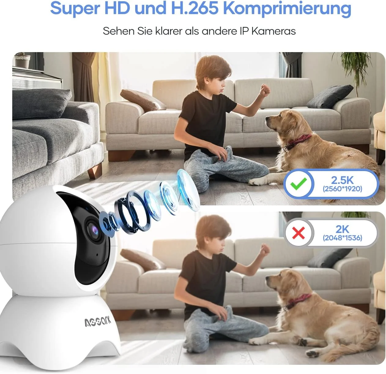 Assark 2.5K Überwachungskamera Innen 360 Grad Pan/Tilt 2.4G