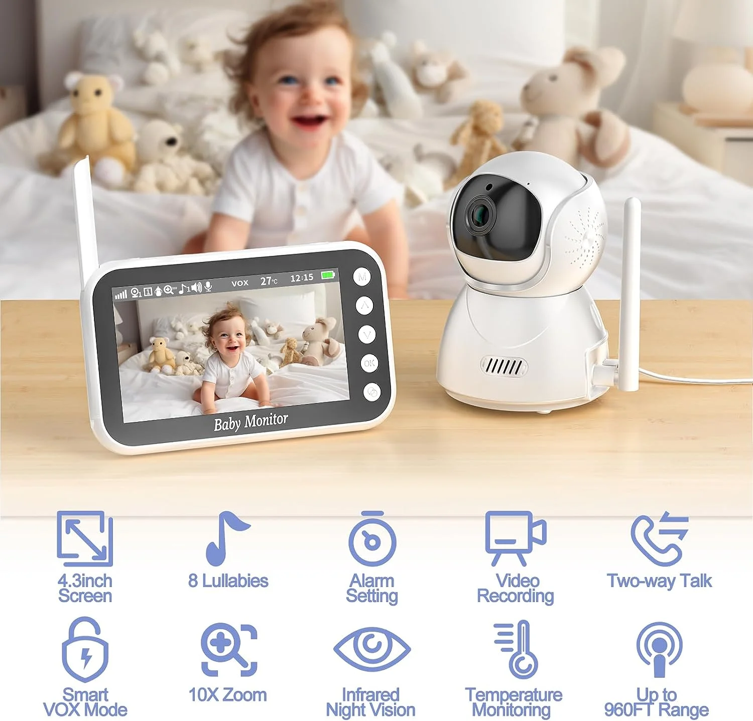 OBVHNUA Babyphone mit Kamera 4,3 Zoll 720p
