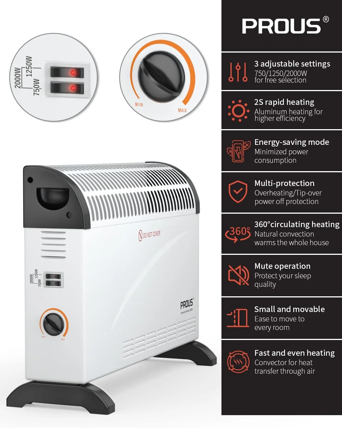 PROUS 2000W Konvektor Heizung Energiesparend