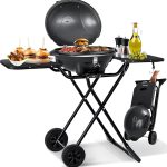 KESSER® elektrischer Elektrogrill 2in1 Tischgrill - Standgrill mit Deckel und Standfuß | max. 2400 Watt | Faltbar | Thermometer | Antihaftbeschichtung | Grillplatte Abstelltische | 2 Räder | Schwarz