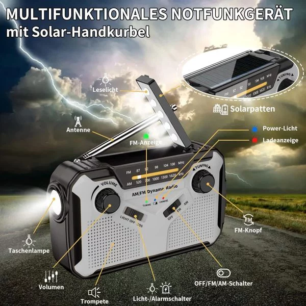Solar Radio, AM/FM Tragbar Kurbelradio Dynamo Notfallradio