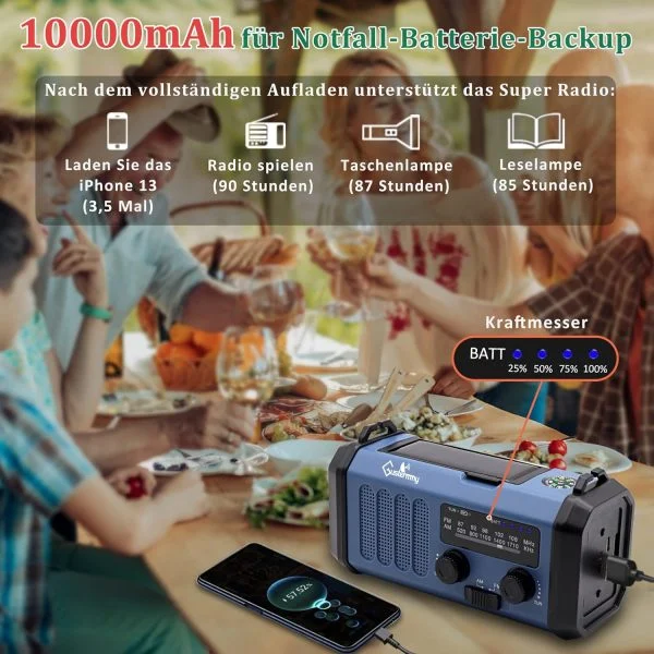 Tragbares Solarradio,Dynamo Kurbel Notfallradio 10000mAh