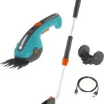 Gardena Set Akku-Grasschere ClassicCut Li: Rasenkantenschere mit 8 cm Schnittbreite und Teleskopstiel mit Rädern, Komforthandgriff mit LED-Ladezustandsanzeige, Messerwechsel ohne Werkzeug (9886-20)