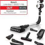 Bosch Akku-Staubsauger Unlimited 7 BSS711W, kabelloser Handstaubsauger, beutellos, Wechselakku, Knickrohr, Hygiene-Filter, 10 Jahre Motorgarantie, XXL-Polsterdüse, LED-Beleuchtung, Turbostufe, weiß [Energieklasse B]