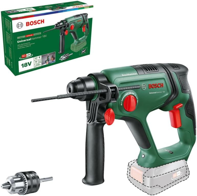 Bosch Akku-Bohrhammer UniversalHammer 18V (Ohne Akku; 18 Volt System; mit Rundschaftadapter; zum Bohren, Hammerbohren, Meißeln und Schrauben; im Karton)