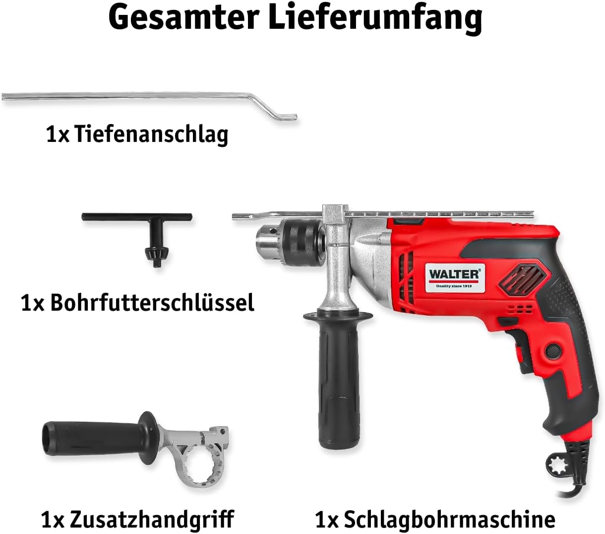 WALTER Schlagbohrmaschine (910 Watt, elektr. Drehzahlregelung, mit zweiten Handgriff, Tiefenanschlag, max. Bohr-Ø: Holz: 25 mm, Beton: 16 mm, Metall: 13 mm) – Bild 2