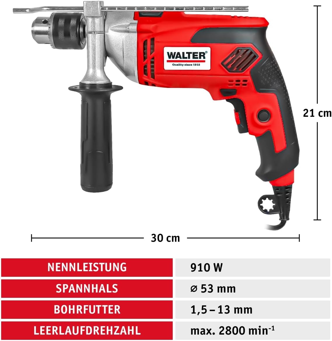 WALTER Schlagbohrmaschine (910 Watt, elektr. Drehzahlregelung, mit zweiten Handgriff, Tiefenanschlag, max. Bohr-Ø: Holz: 25 mm, Beton: 16 mm, Metall: 13 mm) – Bild 4