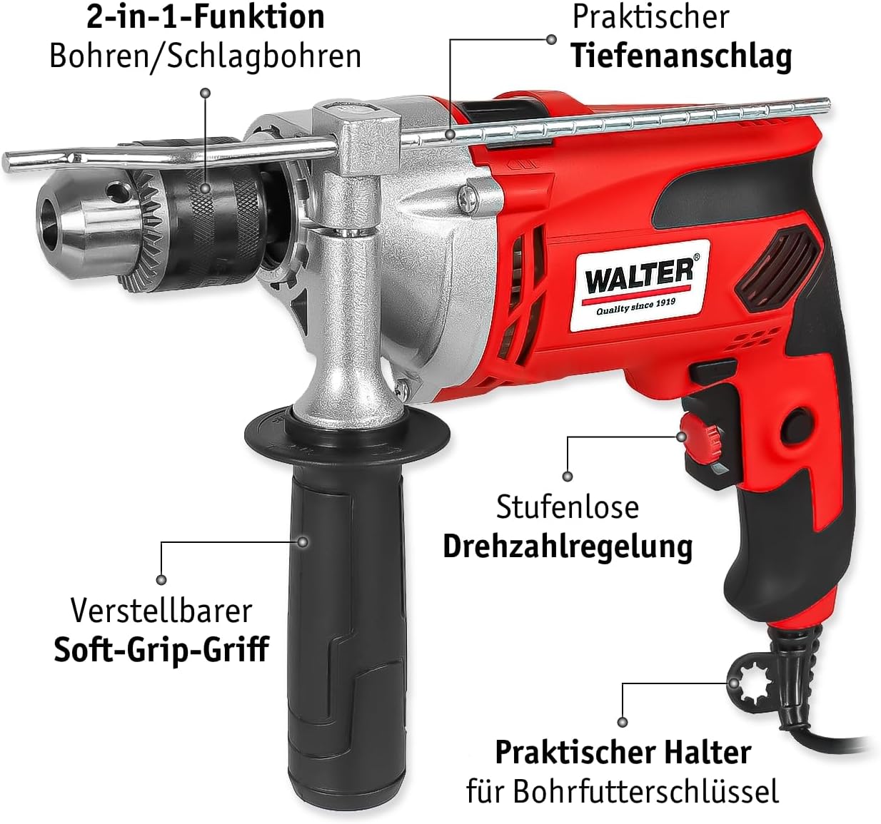 WALTER Schlagbohrmaschine (910 Watt, elektr. Drehzahlregelung, mit zweiten Handgriff, Tiefenanschlag, max. Bohr-Ø: Holz: 25 mm, Beton: 16 mm, Metall: 13 mm) – Bild 3