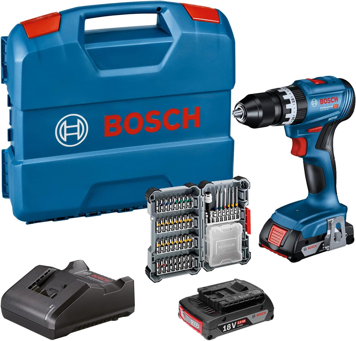 Bosch Professional 18V System Akku Schlagbohrschrauber GSB 18V-45 (Drehzahl 1.900 min⁻¹, inkl. 2x 2.0Ah Akku, Zubehöre, GAL 18V-20, L-Case) – Amazon Exclusive
