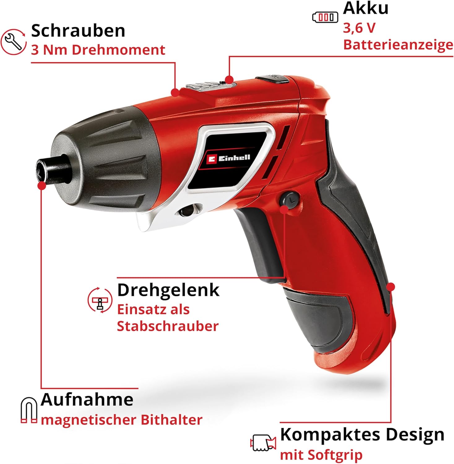 Einhell Akkuschrauber TC-SD 3,6 Li (3,6V, 1300 mAh, 3 Nm Drehmoment, Drehgelenk im Handgriff, LED-Licht, Softgriff, Ladekontrollleuchte, inkl. 6 Bits) – Bild 3