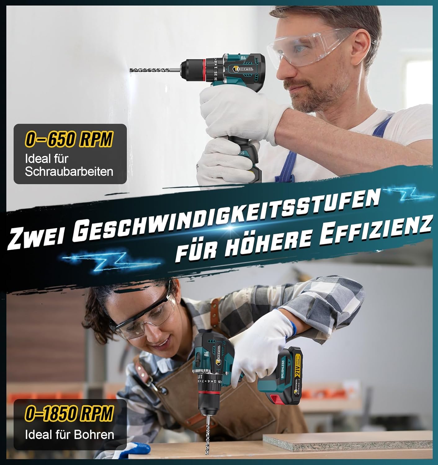 Akkuschrauber Bürstenlos 21V Akku Bohrschrauber Set 35+3 Drehmomentstufen Klein Akkubohrer 55N.m mit 2*2.5Ah Akku und Ladegerät Bohrmaschine mit 1/2" (13mm) selbstverriegelnde Bohrfutter Tragetasche – Bild 5