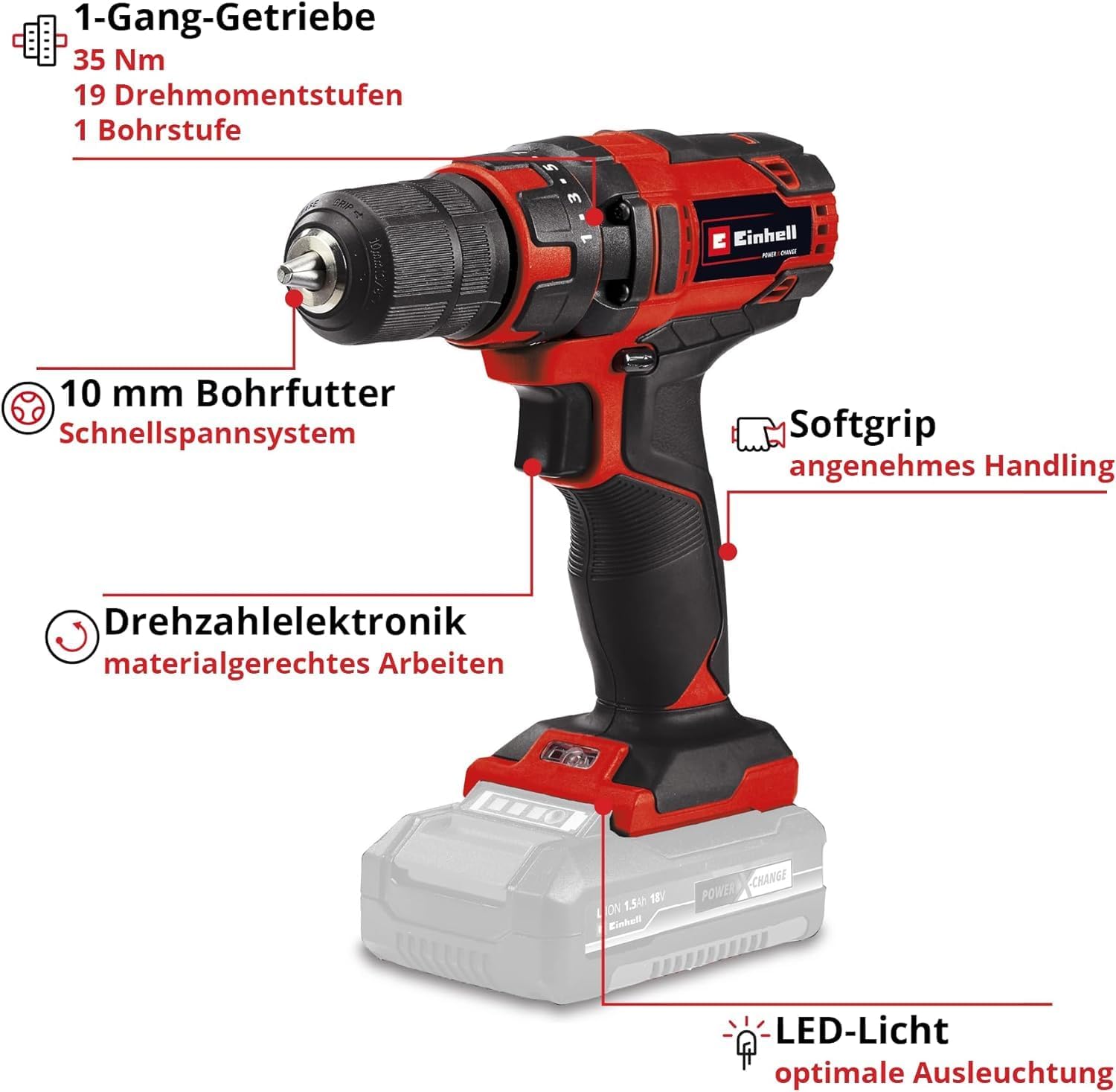 Einhell Akkuschrauber TC-CD 18/35 Li-Solo Power X-Change (Li-Ion, 18 V, 550 min.-1, 35 Nm, 10 mm Bohrfutter, ohne Akku und Ladegerät) – Bild 3