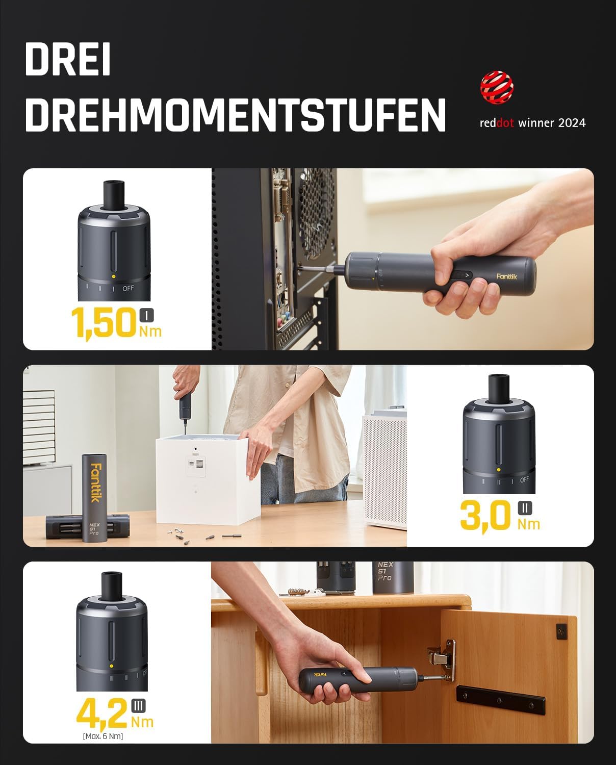 Fanttik S1 Pro 3.7V Magnetische Electric Screwdriver, Leistungsstarkes-Schraubendreher-Set mit 16 Bits, Einstellbare 3 Drehmomente bis zu 6 Nm, 2000-mAh-Akku, Geeignet für die Möbel/Computerreparatur – Bild 3