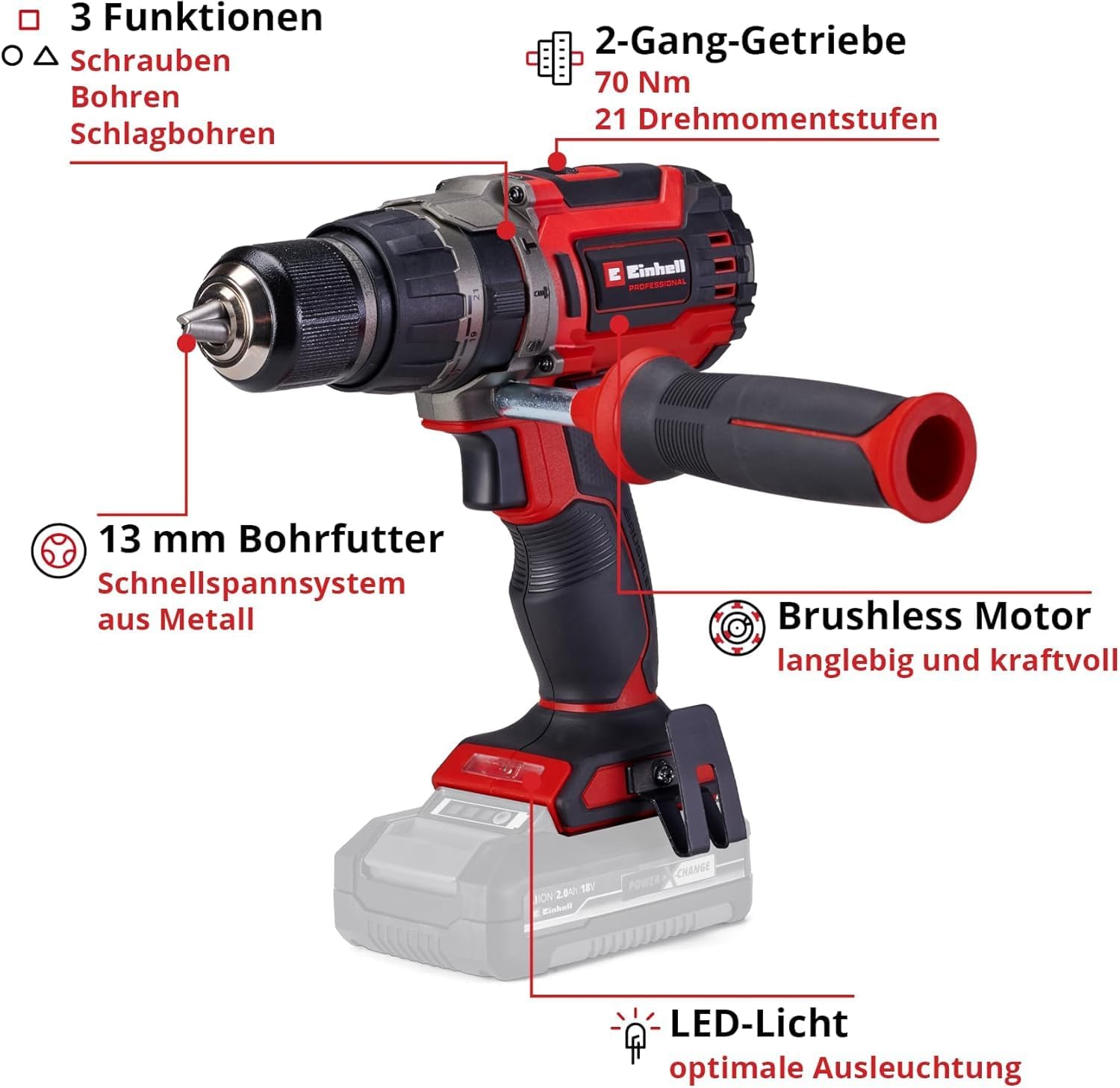 Einhell Professional Akku-Schlagbohrschrauber TP-CD 18/70 Li-i BL - Solo Power X-Change (18 V, Brushless, 70 Nm, Schlagbohrfunktion, 13 mm Bohrfutter, 2 Gang, ohne Akku) – Bild 4