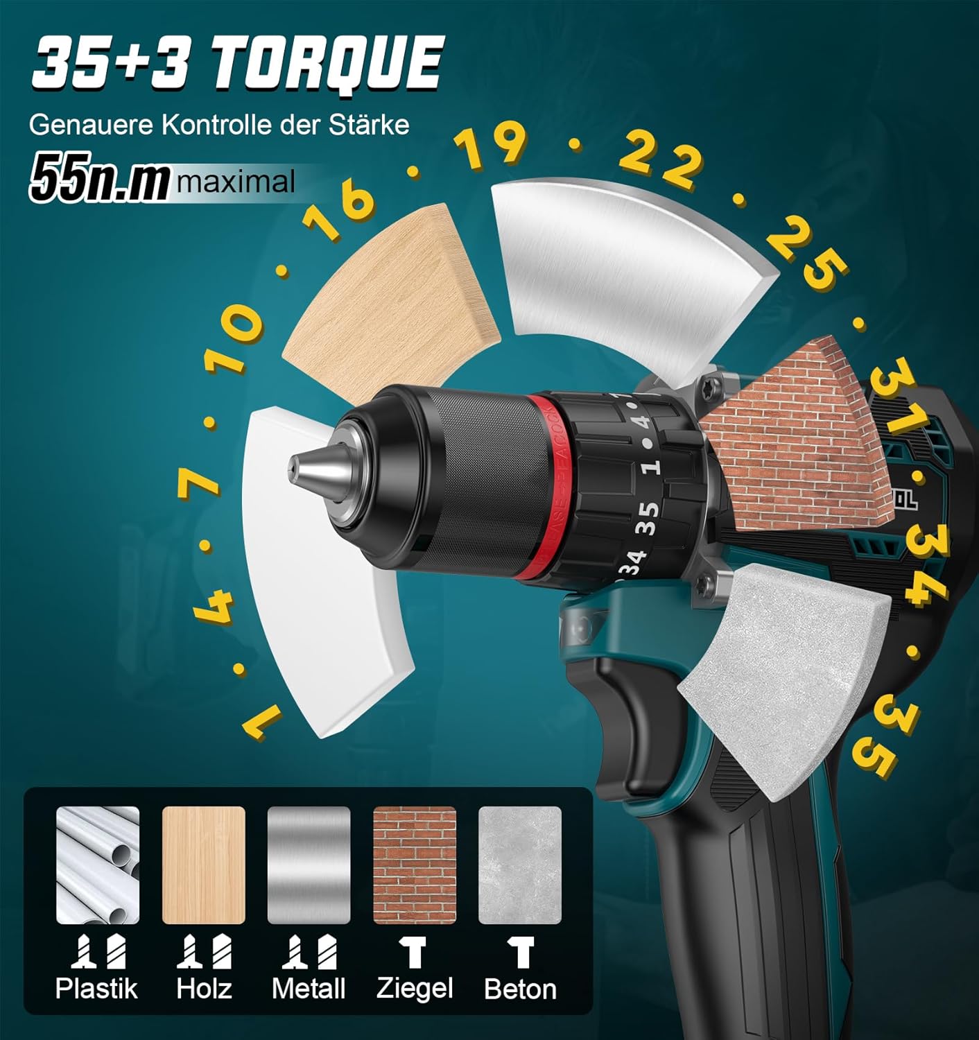 Akkuschrauber Bürstenlos 21V Akku Bohrschrauber Set 35+3 Drehmomentstufen Klein Akkubohrer 55N.m mit 2*2.5Ah Akku und Ladegerät Bohrmaschine mit 1/2" (13mm) selbstverriegelnde Bohrfutter Tragetasche – Bild 3