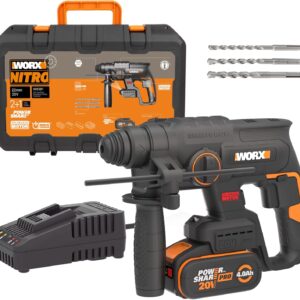 WORX NITRO WX381 Akku Bohrhammer 20V- bürstenloser Motor - multifunktionales Werkzeug zum Bohren, Hammerbohren & Meißeln - 2 Joule Schlagenergie - inkl. 20V 4Ah Pro Akku & Schnellladegerät