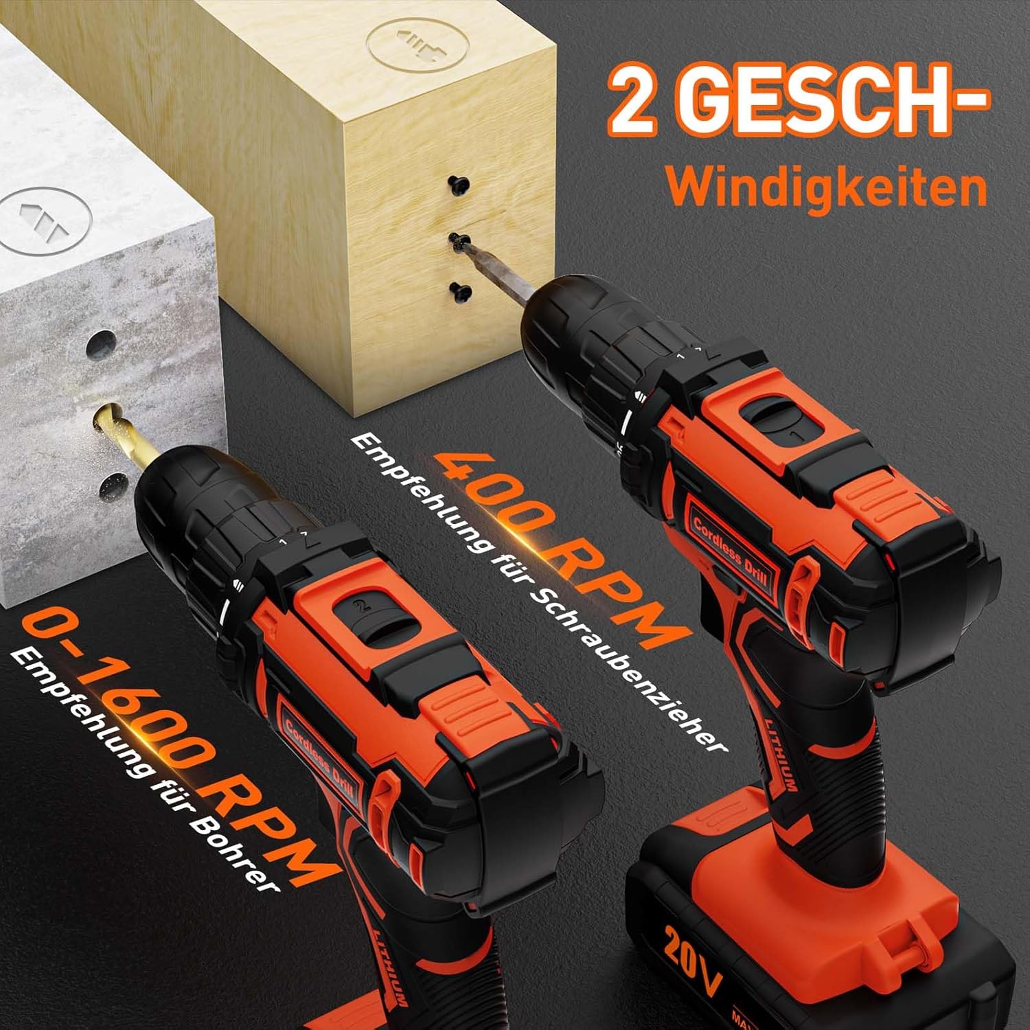 Akkuschrauber mit 2 Akkus 2.0Ah, 20V Akku Bohrschrauber Set, 1600 RPM(2-Gang) Akkubohrer, 42Nm Drehmoment, 25+1 Drehmomentstufen, 10mm Bohrfutter, 24-teiliges, LED-Licht, Für Reparatur & DIY – Bild 5